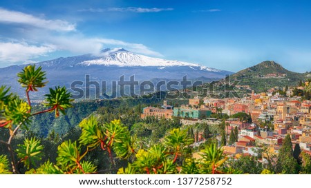 Image, Stock Photo View from Taormina on a railway station  in Sicily