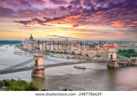 Similar – Image, Stock Photo View to Chain bridge and city traffic. Beautiful evening or night scene of illuminating ancient architecture.