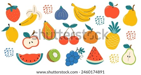 A set of different fruits and berries, hand drawn. Isolated on a white background.Watermelon, papaya,tangerine. pear, kiwi, banana, strawberry, pineapple, apple, fig, cherry, grape.Vector illustration