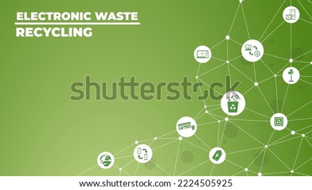 Electronic waste recycling vector illustration. Concept with connected icons related to e-waste, responsible disposal of old electronics, phones and equipment