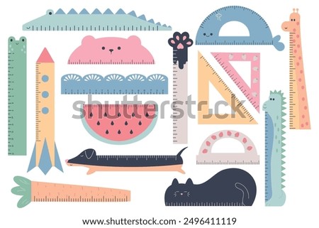 Set of colorful cute school rulers. Animal shaped rulers, triangular rulers, protractors. Kawaii school supplies concept.