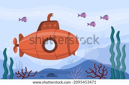 Submarine sea concept. A bright submarine with a periscope underwater. Ocean bottom with fish, corals, seaweed. Colorful blue ocean landscape. Cute vector illustration.