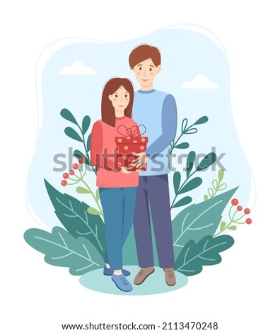 Happy man woman, gift concept. Young people standing hugging and holding a gift in their hands. Natural background of green leaves. Cute vector illustration.