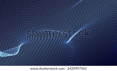 Wave of flowing particles on a blue background. Abstract backdrop with dynamic elements of waves and dots. Vector