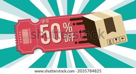 coupon 50 percent off model with barcode and delivery box and colored background