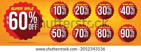 60% up to off super sale banner, tags red and brown circle 60 percent, 10, 20, 30, 40, 50, 60, 70, 80, 90 with with yellow and orange background design Сток-фото © 