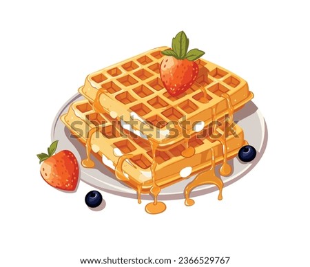 Waffle with strawberry and cherry decorated with caramel vector illustration manually created