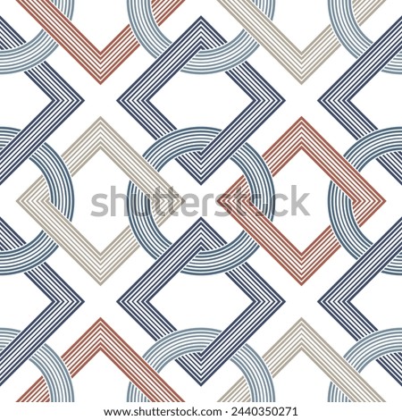 Seamless abstract geometric pattern with orange, blue, and beige interlocking squares and circles on a white background. Retro design style. Vector illustration. 
