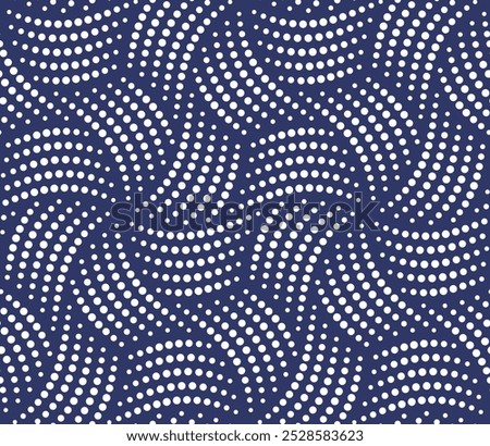 Abstract geometric design with twisted white dotted lines in the shape of vortexes on a blue background. Small dots and circles design. Seamless repeating pattern. Dotty modern style.