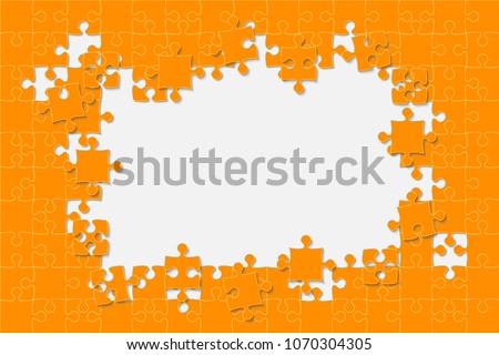 Puzzle background, banner, blank. Vector jigsaw section template. Background with orange puzzle frame separate pieces, mosaic, details, tiles, parts. Rectangle abstract jigsaw. Game group detail.