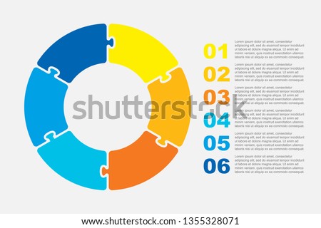 Six pieces puzzle circles diagram. Circles business presentation infographic. 6 steps, parts, pieces of process diagram. Section compare banner. Jigsaw puzzle info graphic. Marketing strategy. Сток-фото © 