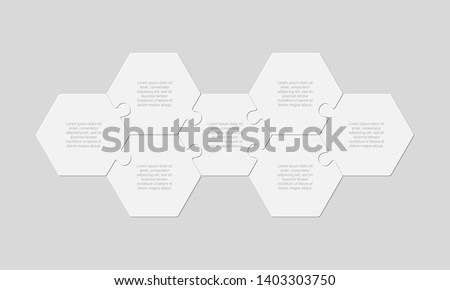 Seven pieces puzzle hexagonal diagram. Hexagon business presentation infographic. 7 steps, parts, pieces of process diagram. Section compare banner. Jigsaw puzzle info graphic. Marketing strategy.