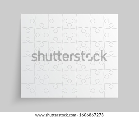 Background made with 42 white pieces puzzle. Vector rectangle banner jigsaw template with particles, details, tiles, parts. Frame pattern for education and presentation with element piece puzzle.
