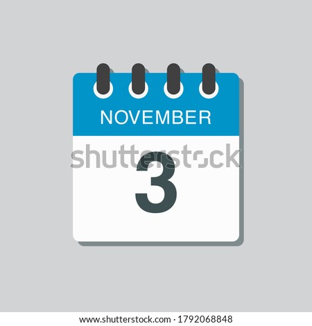 Vector icon calendar day - 3 November. Days of the year vector illustration flat style. Date day of month Sunday, Monday, Tuesday, Wednesday, Thursday, Friday, Saturday. Autumn holidays in November.