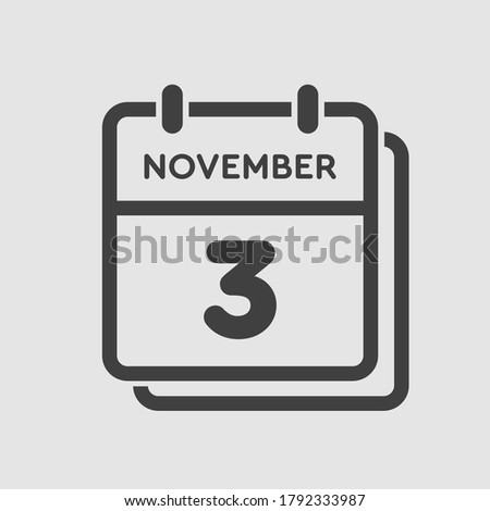 Vector icon calendar day - 3 November. Days of the year vector illustration flat style. Date day of month Sunday, Monday, Tuesday, Wednesday, Thursday, Friday, Saturday. Autumn holidays in November. 商業照片 © 