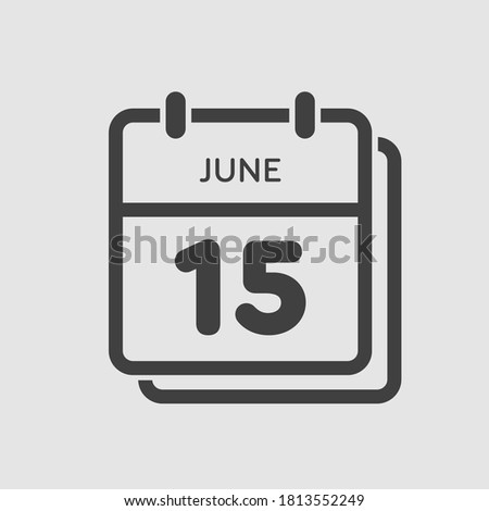 Vector icon calendar day - 15 June. 15th days of the month, vector illustration style. Date day of week Sunday, Monday, Tuesday, Wednesday, Thursday, Friday, Saturday. Summer holidays in June.