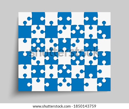Background made with blue white pieces puzzle. Vector rectangle banner jigsaw template with 42 particles, details, tiles, parts. Frame pattern for education and presentation with element piece puzzle