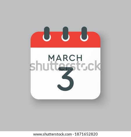 Icon page calendar day - 3 March. 3th days of the month, vector illustration flat style. Date day of week Sunday, Monday, Tuesday, Wednesday, Thursday, Friday, Saturday. Spring holidays in March