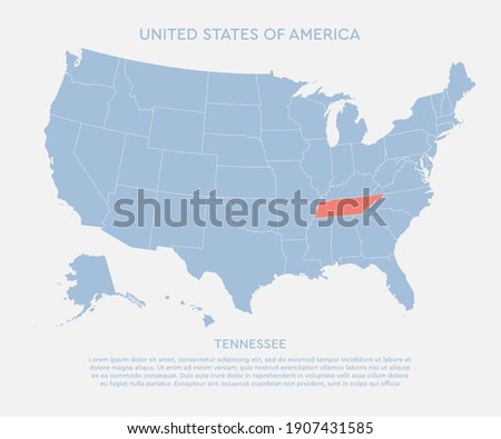 United states of America country - high detailed illustration map. Blank similar USA map isolated on white background. Vector template state Tennessee for website, cover, pattern, infographics.