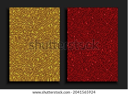 Background template, gold and red sequins, glitters, sparkles, paillettes. Vector luxury poster with sparkling sequins, glitter gradient dots. Background bright circle mosaic for festive holiday disco Foto d'archivio © 