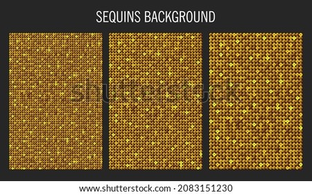 Background template made gold sequins, glitters, sparkles, paillettes. Vector luxury poster with sparkling sequins, glitter gradient dots. Background bright circle mosaic for festive holiday disco Foto d'archivio © 