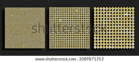 Three square background from gold sequins, glitters, sparkles, paillettes. Vector luxury poster with sparkling sequins, glitter gradient dots. Template bright circle mosaic for festive holiday disco Foto d'archivio © 