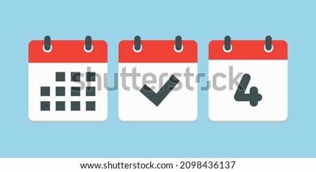 Set vector icons page calendar - number 4, mark done, agenda app. Date of week, month, year. Marks business, deadline, date icon. Yes, success, check, approved, confirm reminder and schedule