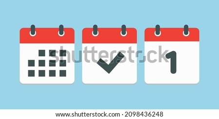 Set vector icons page calendar - number 1, mark done, agenda app. Date of week, month, year. Marks business, deadline, date icon. Yes, success, check, approved, confirm reminder and schedule