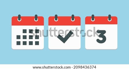 Set vector icons page calendar - number 3, mark done, agenda app. Date of week, month, year. Marks business, deadline, date icon. Yes, success, check, approved, confirm reminder and schedule