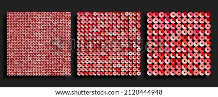 Three square background from red sequins, glitters, sparkles, paillettes. Vector luxury poster with sparkling sequins, glitter gradient dots. Template bright circle mosaic for festive holiday disco Foto d'archivio © 