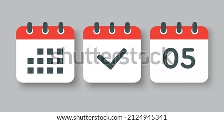 Set vector icons page calendar - number 5, mark done, agenda app. Date of week, month, year. Marks business, deadline, date icon. Yes, success, check, approved, confirm reminder and schedule