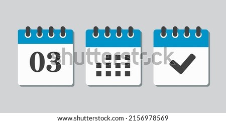 Set vector icons page calendar - number 3, mark done, agenda app. Mark business, deadline, date icon. Pictogram yes, success, check, approved, confirm and reminder. Date schedule three