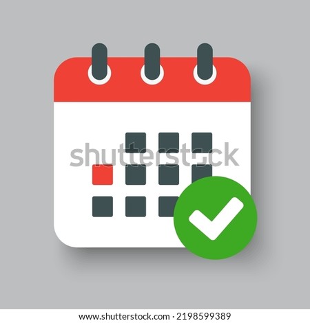 Icon page calendar - popup message with mark done. Symbol yes, success, check, approved, confirm. Reminder, schedule line simple sign. Concept can be used for presentation, layout, banner, graph