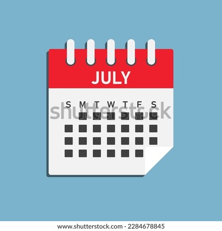 Vector icon calendar month - July. Vector icon illustration flat minimal style. Agenda app of month. Day -Sunday, Monday, Tuesday, Wednesday, Thursday, Friday, Saturday. To do list, reminder