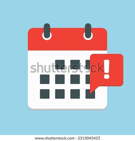 Icon page calendar - popup message with exclamation point. Mark alert, problem, warning, error. Reminder, schedule line simple sign. Concept can be used for presentation, layout, banner, graph