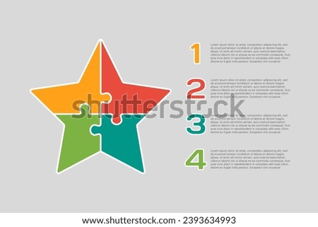 Four steps puzzle diagram infographic. Business, idea, flow concept. Template five pointed star for 4 options, parts, processes. Jigsaw timeline info graphic. Can be used for process presentation