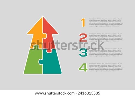 Four steps puzzle diagram infographic. Business, idea, flow concept. Template arrow up for 4 options, parts, processes. Jigsaw timeline info graphic. Can be used for process presentation