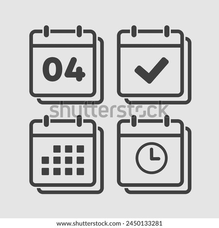 Set vector icons page calendar - number 4, agenda app, timer, mark done. Yes, success, check, approved, confirm reminder and schedule. Time, clock and reminder