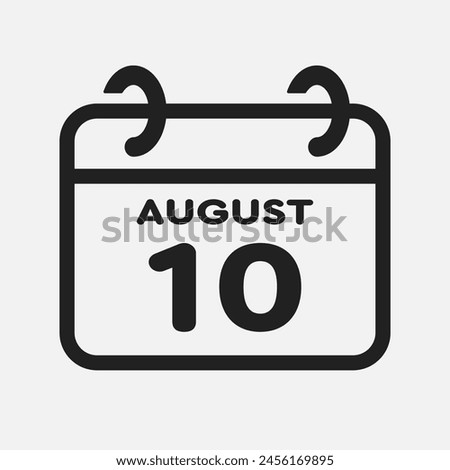 Vector icon page calendar day of month - 10 August. 10th day of month - Sunday, Monday, Tuesday, Wednesday, Thursday, Friday, Saturday. Anniversary, reminder, plan, to-do list. Calender on the wall