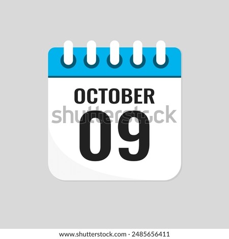 Vector icon page calendar day of month - 9 October. 9th day of month - Sunday, Monday, Tuesday, Wednesday, Thursday, Friday, Saturday. Anniversary, reminder, plan, to-do list. Calender on the wall