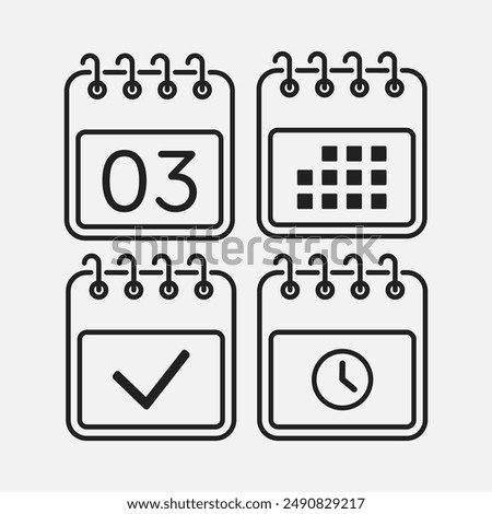 Set vector icons page calendar - day 3, mark done, agenda app, timer. Mark business, deadline, date icon. Pictogram yes, success, check, approved, confirm and reminder. Time, countdown and reminder