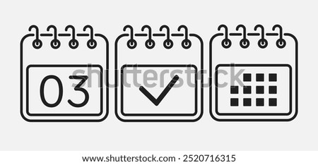 Set vector icons page calendar - day 3, mark done, agenda app. Mark business, deadline, date icon. Pictogram yes, success, check, approved, confirm and reminder. Date schedule, to-do list