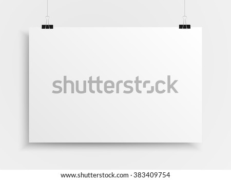 Vector rectangle format white paper with shadow on grey background. Empty sheet of paper template portrait landscape. Realistic one sheet, poster, banner, background, blank, picture frame.