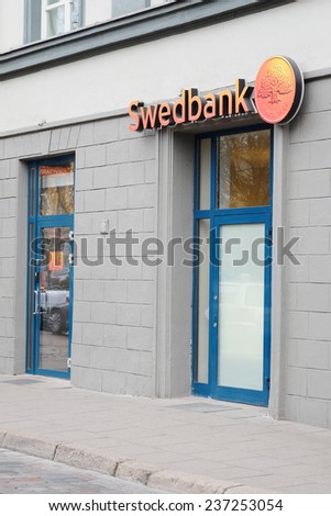 image of a VILNIUS,LITHUANIA, November 17, 2014: Swedbank sign  in Vilnius, Lithuania. Swedbank is a bank for many households and businesses and is the leading bank in Estonia, Latvia and Lithuania.