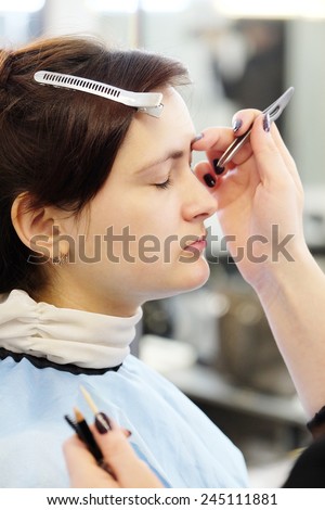 Makeup artist stylist applying with brush cosmetic on eyebrow of a beautiful woman
