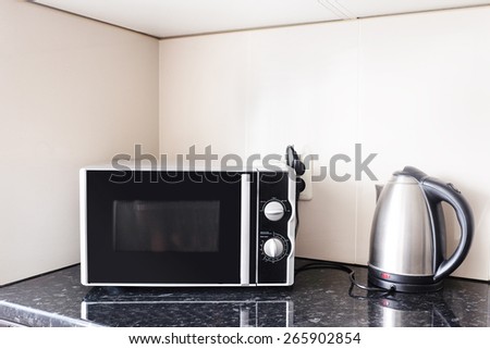 Close-up microwave and stainless electric kettle