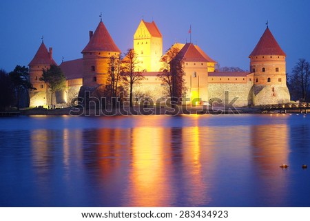Lithuania, Trakai - November 17, 2014: Trakai Castle at night - Island castle in Trakai is a museum and a cultural center.
