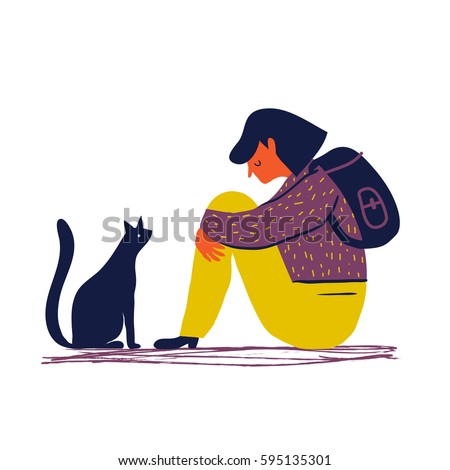 Sad and depressed girl sitting on the floor with her cat. Creative vector illustration. Sad teenager.