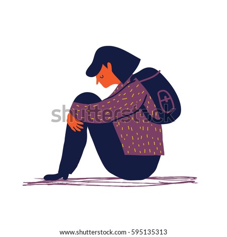 Sad and depressed girl sitting on the floor. Depressed teenager. Sad woman Unhappy and stressed student. Creative vector illustration.