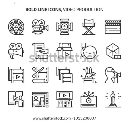 Video production, bold line icons. The illustrations are a vector, editable stroke, 48x48 pixel perfect files. Crafted with precision and eye for quality.